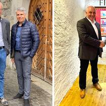 Links: Der «Alte» und der «Neue» im Zentralvorstand: Simon Werren (links) und Pascal Christen. Rechts: Hanspeter Weber (links) übergibt das Präsidium an Christian Fuchs.