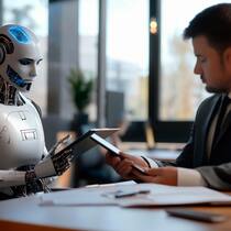Collaborative discussion between human and robot in a modern office setting. Generative AI