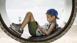 Ein kleiner Junge auf einem Spielplatz hat seinen Blick auf ein Smartphone vertieft.