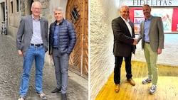 Links: Der «Alte» und der «Neue» im Zentralvorstand: Simon Werren (links) und Pascal Christen. Rechts: Hanspeter Weber (links) übergibt das Präsidium an Christian Fuchs.