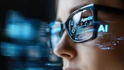 Businesswoman Analyzing Data with AI Assistant in Modern Environment