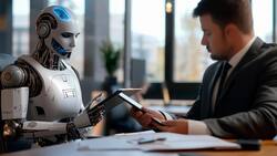 Collaborative discussion between human and robot in a modern office setting. Generative AI
