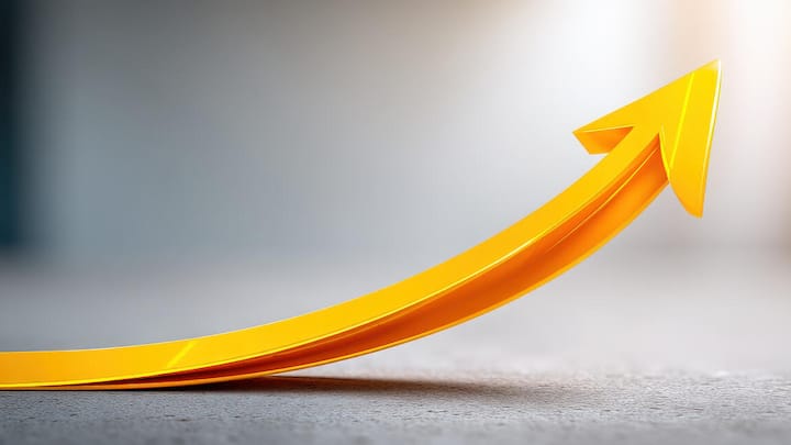 Vibrant yellow arrow curves upward symbolizing growth and success. image conveys sense of optimism and potential yield
