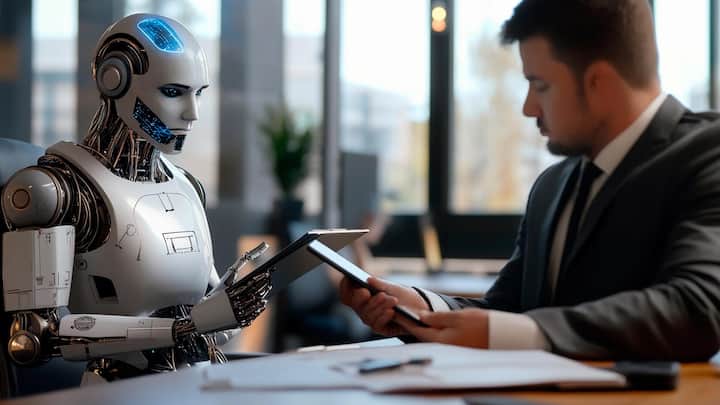 Collaborative discussion between human and robot in a modern office setting. Generative AI