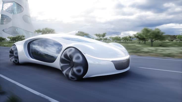 Futuristic electric car very fast driving on highway. Futuristic city concept. 3d rendering.