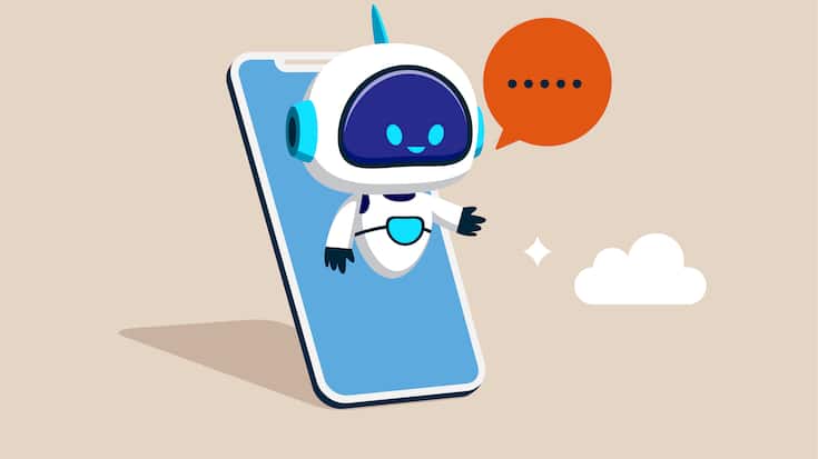 Artificial intelligence robot assistant. Online customer support. Chatbot on smartphone screen. Developers digital technology. Modern vector illustration in flat style