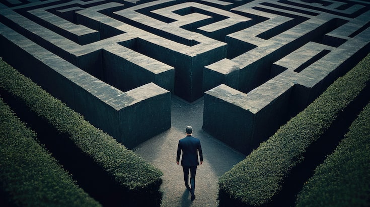 Man in maze is looking for way out. Concept of finding right sol