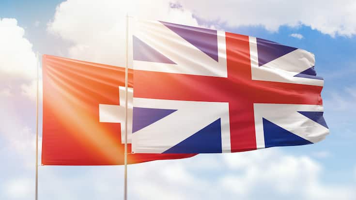 Sunny blue sky and flags of great britain and switzerland
