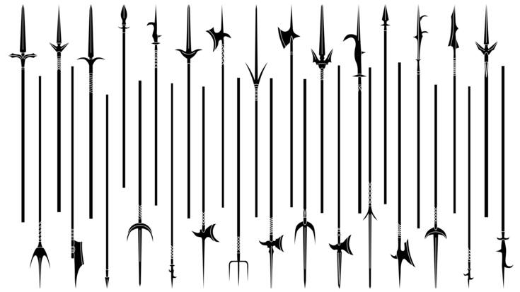 Set of simple monochrome images of lances and halberds.