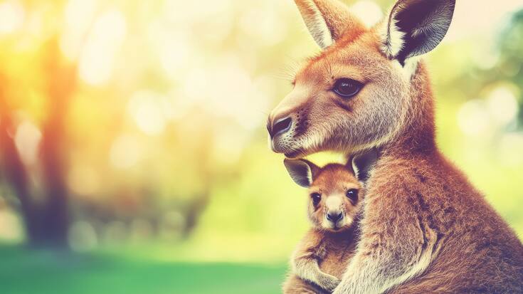 A close-up shot of a baby kangaroo in its mother's front bag in an Australian setting