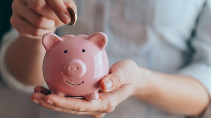 female hands hold a pink piggy bank and puts a coin there. The concept of saving money or savings, investment