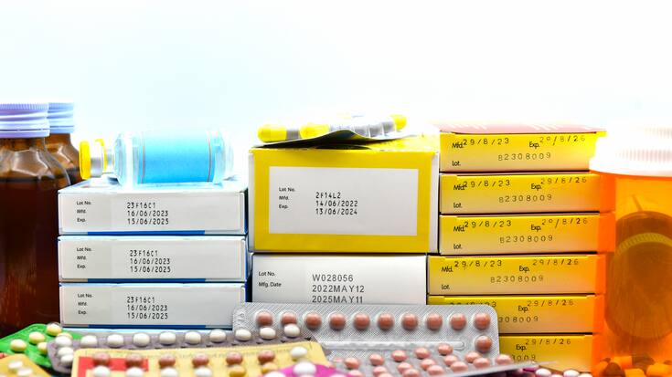 Manufacturing date and expiry date on some pharmaceutical packaging.