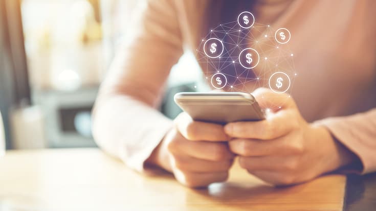 Weibliche Hand, die ein Smartphone mit Dollar-Symbol benutzt, Konzept einer Online-Transaktionsanwendung