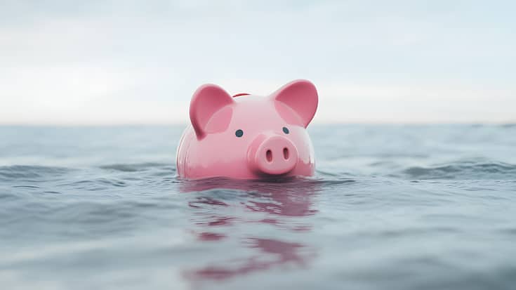 A pink piggy bank bobs in calm, blue ocean waters under a pale sky, symbolizing financial risks and savings vulnerability.