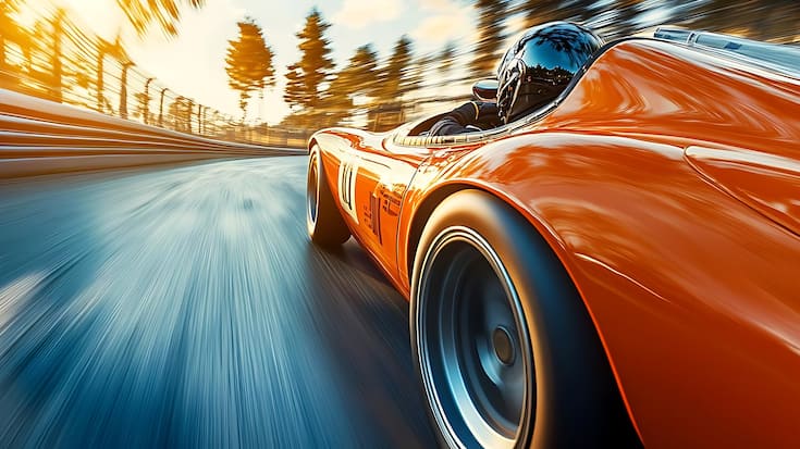 Orange Race Car Speeding on Track with Motion Blur - Realistic Image