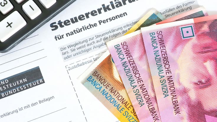 Steuererklärung Schweiz, Taschenrechner und Geld Schweizer Franken