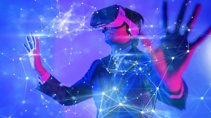 Metaverse digital cyber world technology, man with virtual reali