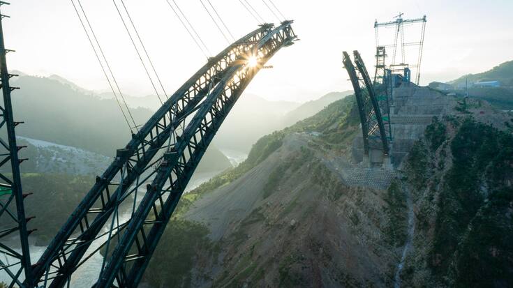 Drone Aerial View of Chenab Bridge, World's Highest Rail Bridge in Jammu & Kashmir, India