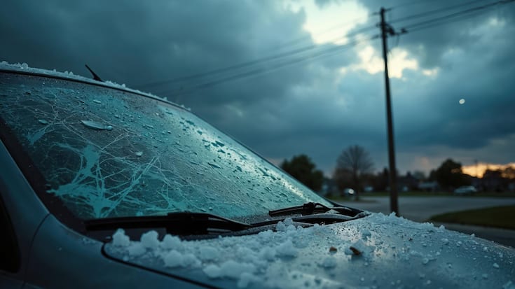 Car windshield shows spider web cracks from hail impact. Ice pellets cover car hood after severe storm. Dark ominous clouds gather overhead. Roadside view highlights severe weather damage.