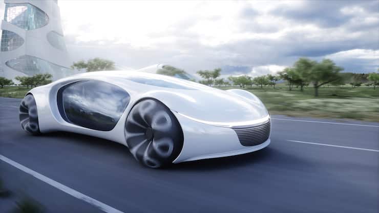 Futuristic electric car very fast driving on highway. Futuristic city concept. 3d rendering.