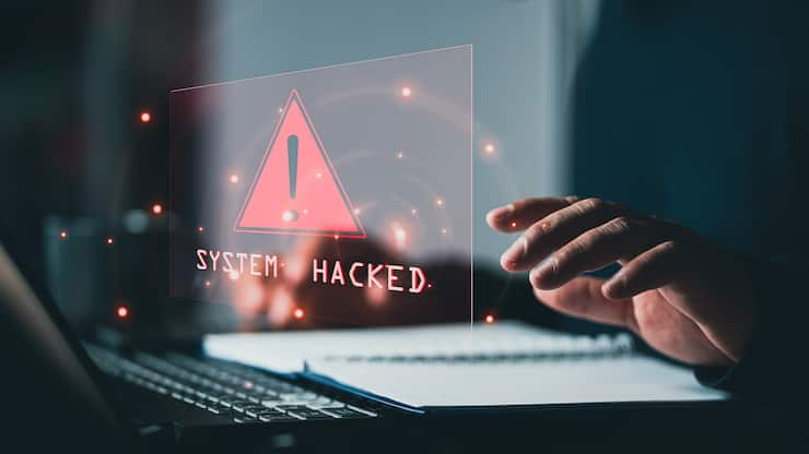 System hacked alert after cyber attack on computer network. comp