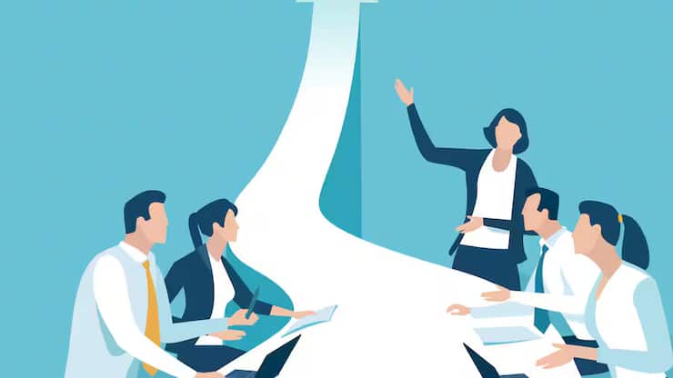 Porträts: business plan female team leader presents new business target 