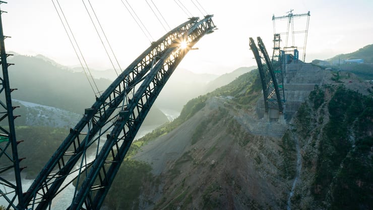 Drone Aerial View of Chenab Bridge, World's Highest Rail Bridge in Jammu & Kashmir, India