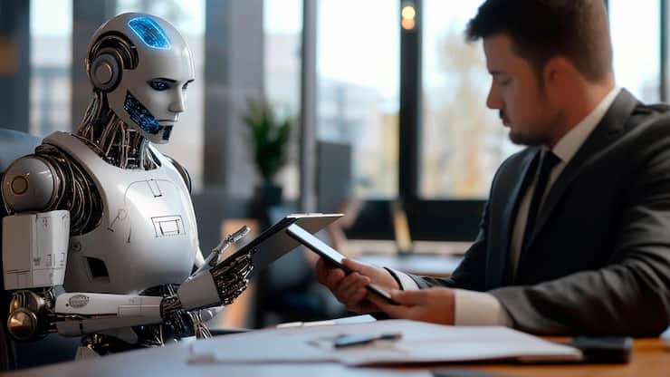 Collaborative discussion between human and robot in a modern office setting. Generative AI