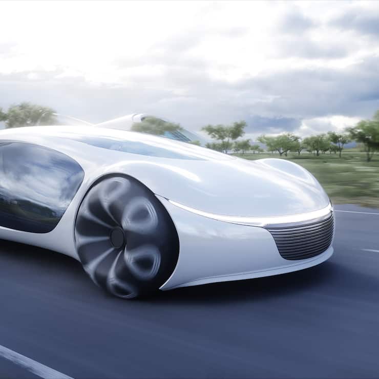 Futuristic electric car very fast driving on highway. Futuristic city concept. 3d rendering.