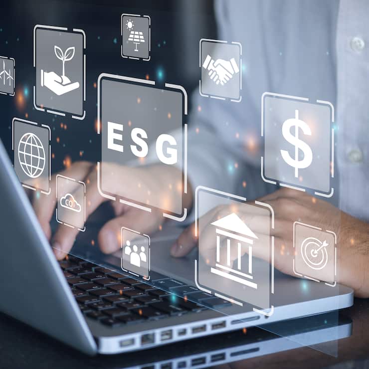 Businessman using a computer for analysis ESG environmental soci