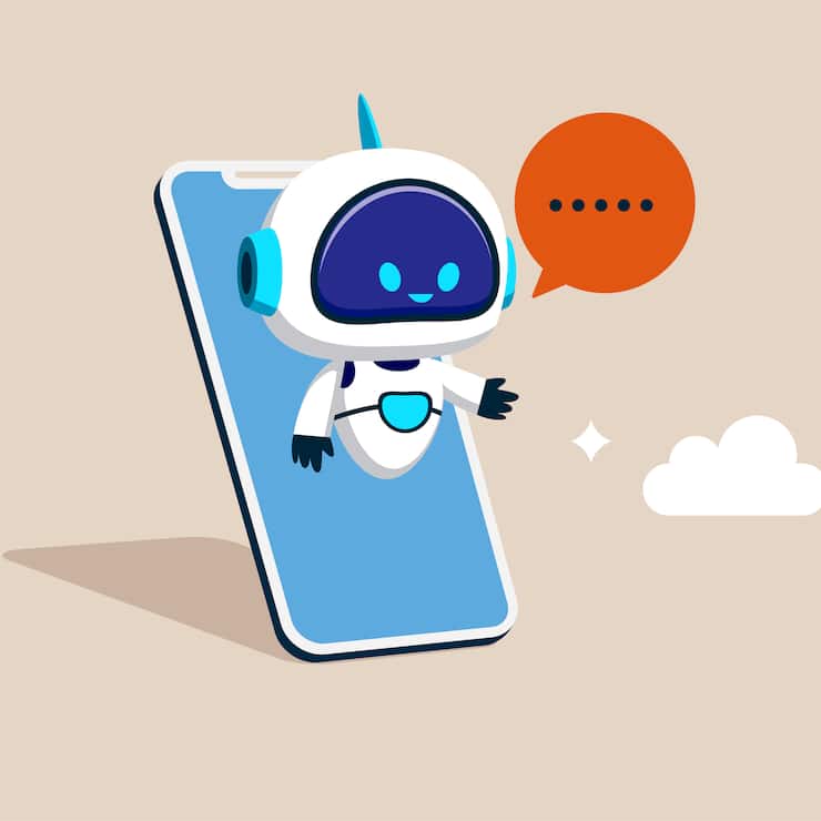 Artificial intelligence robot assistant. Online customer support. Chatbot on smartphone screen. Developers digital technology. Modern vector illustration in flat style