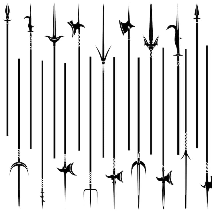 Set of simple monochrome images of lances and halberds.