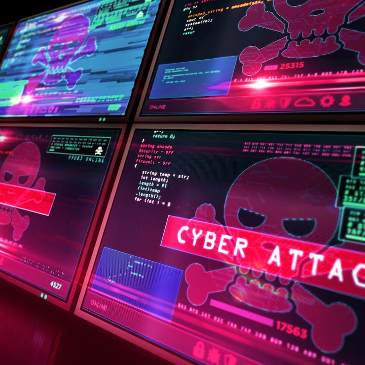 Cyber attack with skull symbol alert on screen