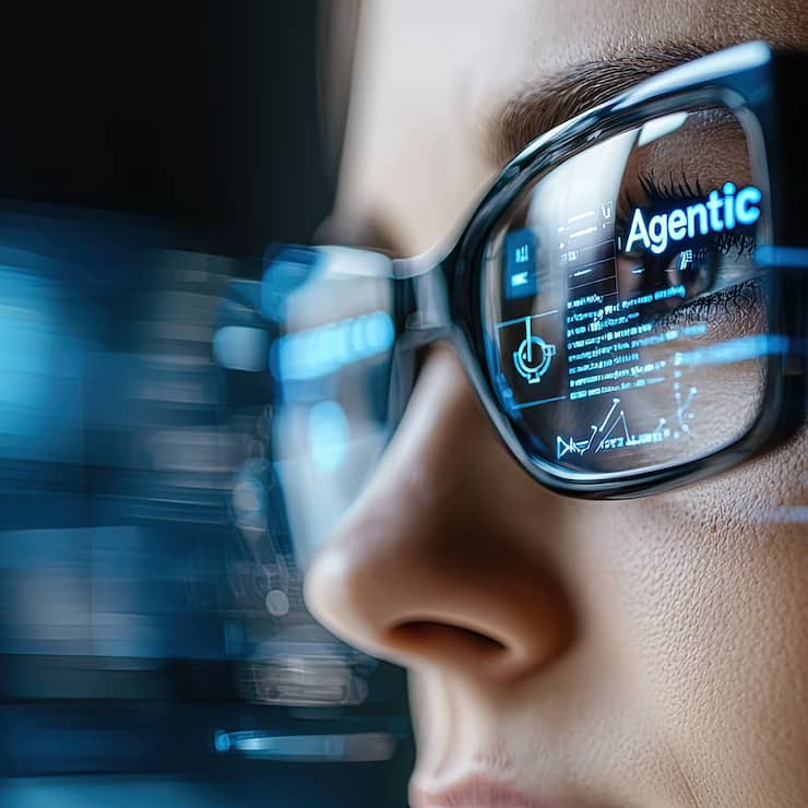 Businesswoman Analyzing Data with AI Assistant in Modern Environment