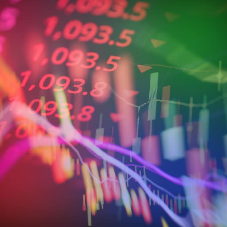 Stock market exchange or forex trading graph analysis investment indicator business graph charts of financial board display candlestick double exposure crisis stock crash red price chart fall money