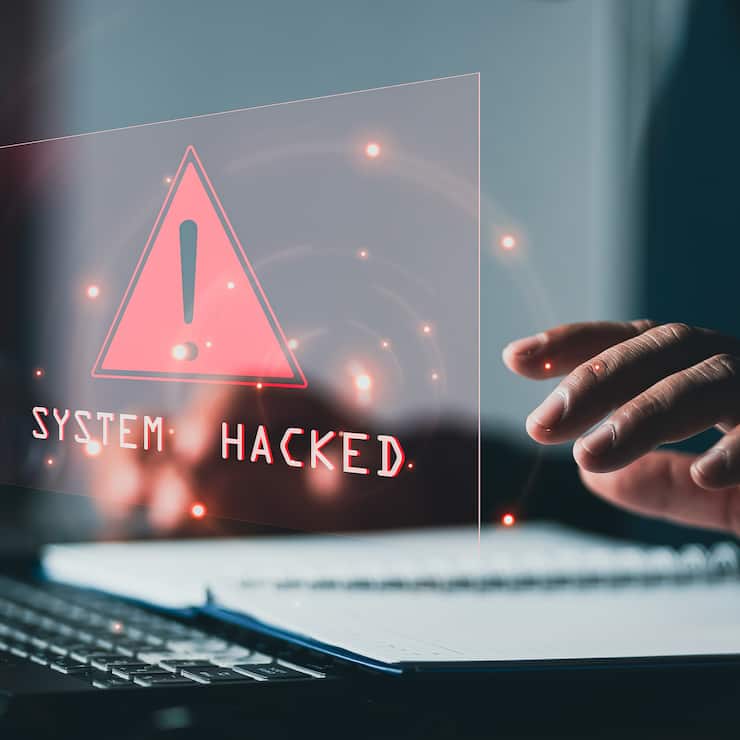 System hacked alert after cyber attack on computer network. comp