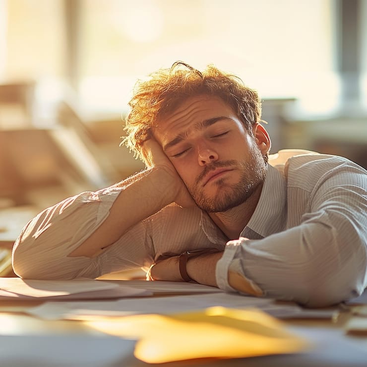 Mann schläft bei der Arbeit im Büro
