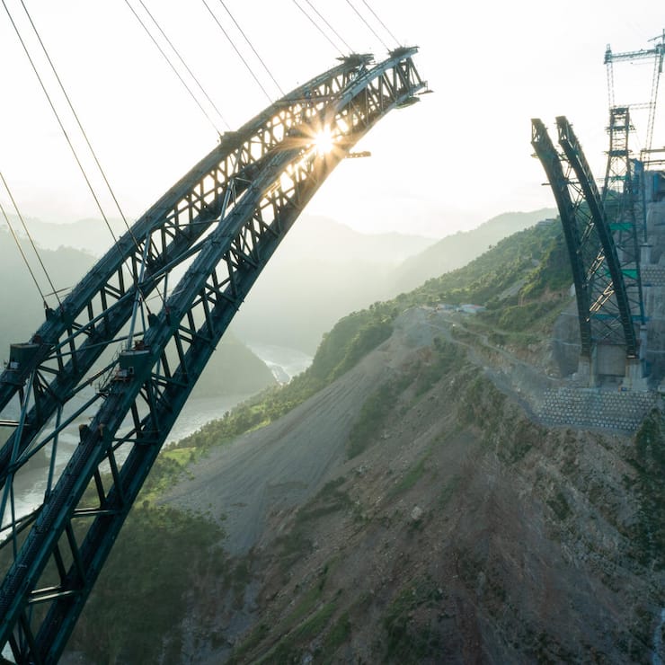 Drone Aerial View of Chenab Bridge, World's Highest Rail Bridge in Jammu & Kashmir, India