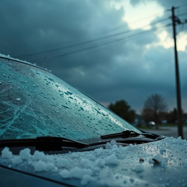 Car windshield shows spider web cracks from hail impact. Ice pellets cover car hood after severe storm. Dark ominous clouds gather overhead. Roadside view highlights severe weather damage.