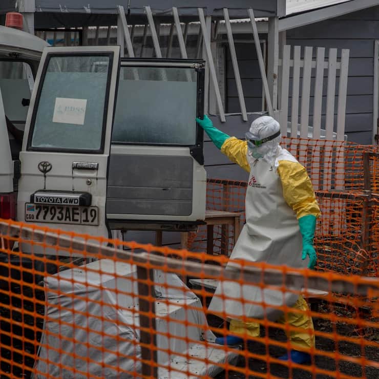 June 15 2019 Goma North Kivu Democratic Republic of Congo A health worker dressed in a full p