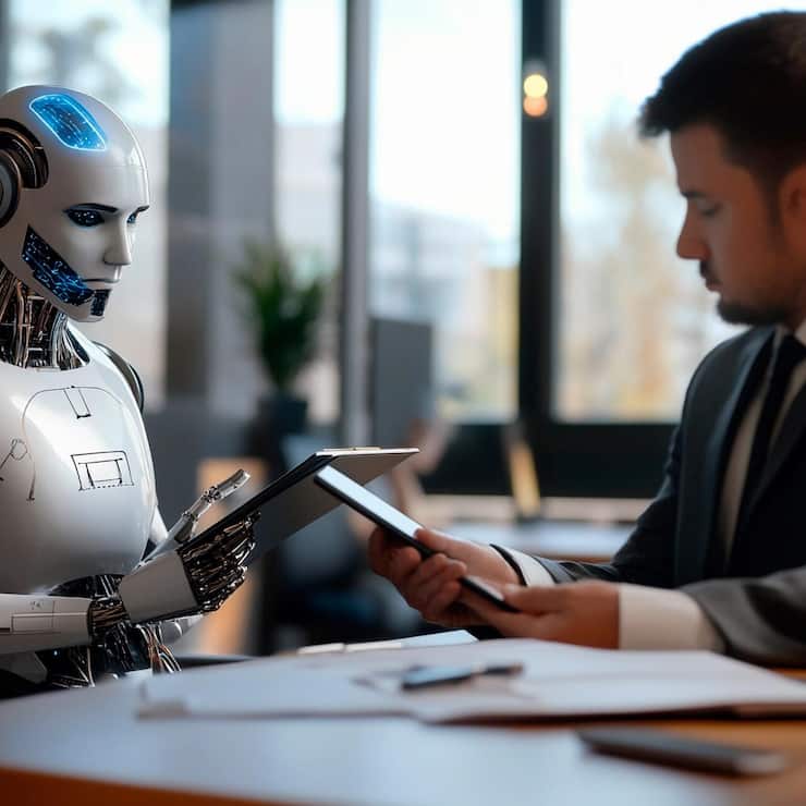 Collaborative discussion between human and robot in a modern office setting. Generative AI