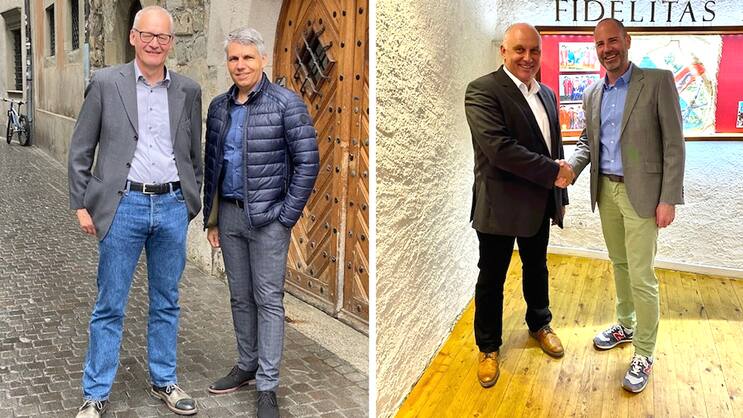 Links: Der «Alte» und der «Neue» im Zentralvorstand: Simon Werren (links) und Pascal Christen. Rechts: Hanspeter Weber (links) übergibt das Präsidium an Christian Fuchs.