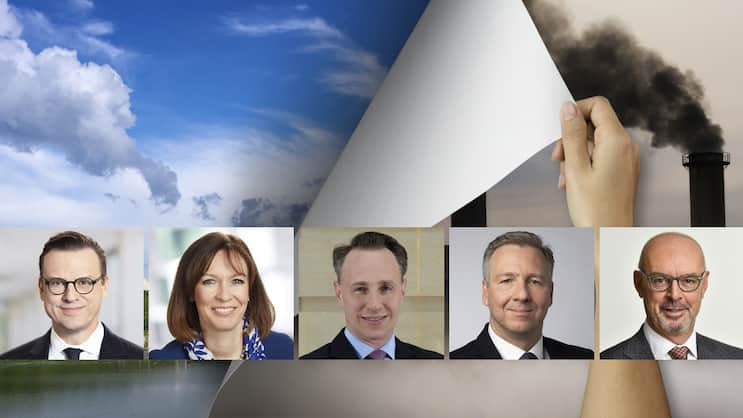 Auch Axa, Baloise, Helvetia, Mobiliar und Swiss Life beschäftigen sich mit dem Energiewandel und allesamt bekräftigen sie den hohen Stellenwert des Themas. Im Bild v.l.: Patrick Frost (Swiss Life), Michèle Rodoni (Mobiliar), Thomas Buberl (Axa), Martin Jara (Helvetia) und Gert de Winter (Bâloise).