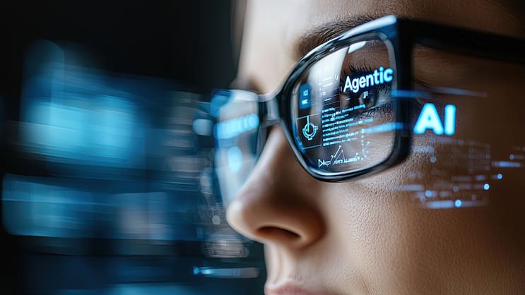 Businesswoman Analyzing Data with AI Assistant in Modern Environment