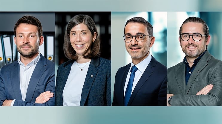 Vincent Michellod, membre désigné de la direction générale, Esthelle le Gallic de Kerizouët, membre désignée de la direction générale élargie, Nello Castelli et Stanley Hautdidier, directeur désigné de la région «Arc Lémanique» de Swiss Medical Network (de gauche à droite).