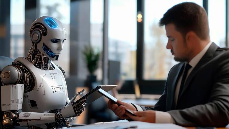 Collaborative discussion between human and robot in a modern office setting. Generative AI
