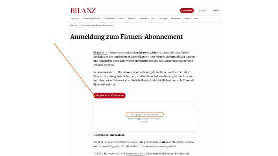 6. Nachdem Sie eingeloggt sind, wird bestätigt, dass Ihr Zugang nun aktiv ist. (Falls nicht, refreshen Sie die Seite). Klicken Sie nun auf den Link zu HZ Insurance.png